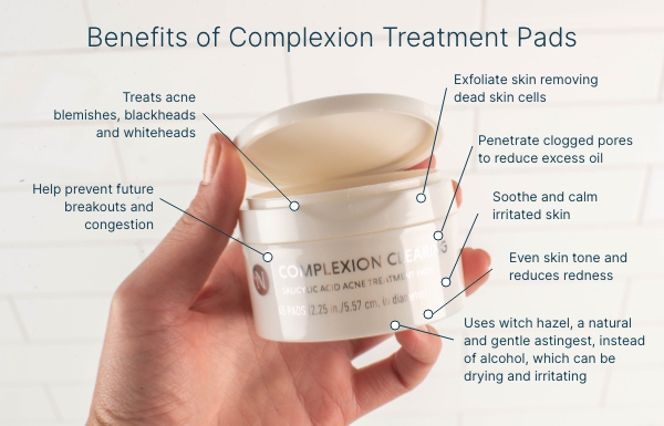 The Benefits of Complexion Treatment Pads are listed around the product held in a person's hand